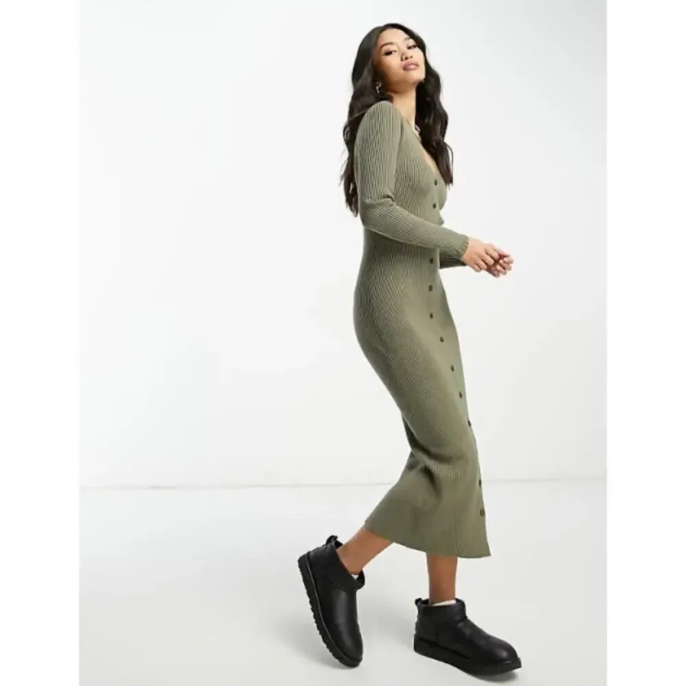 New Abercrombie & Fitch Button Front Ribbed Maxi Sweater Dress Olive Green Small